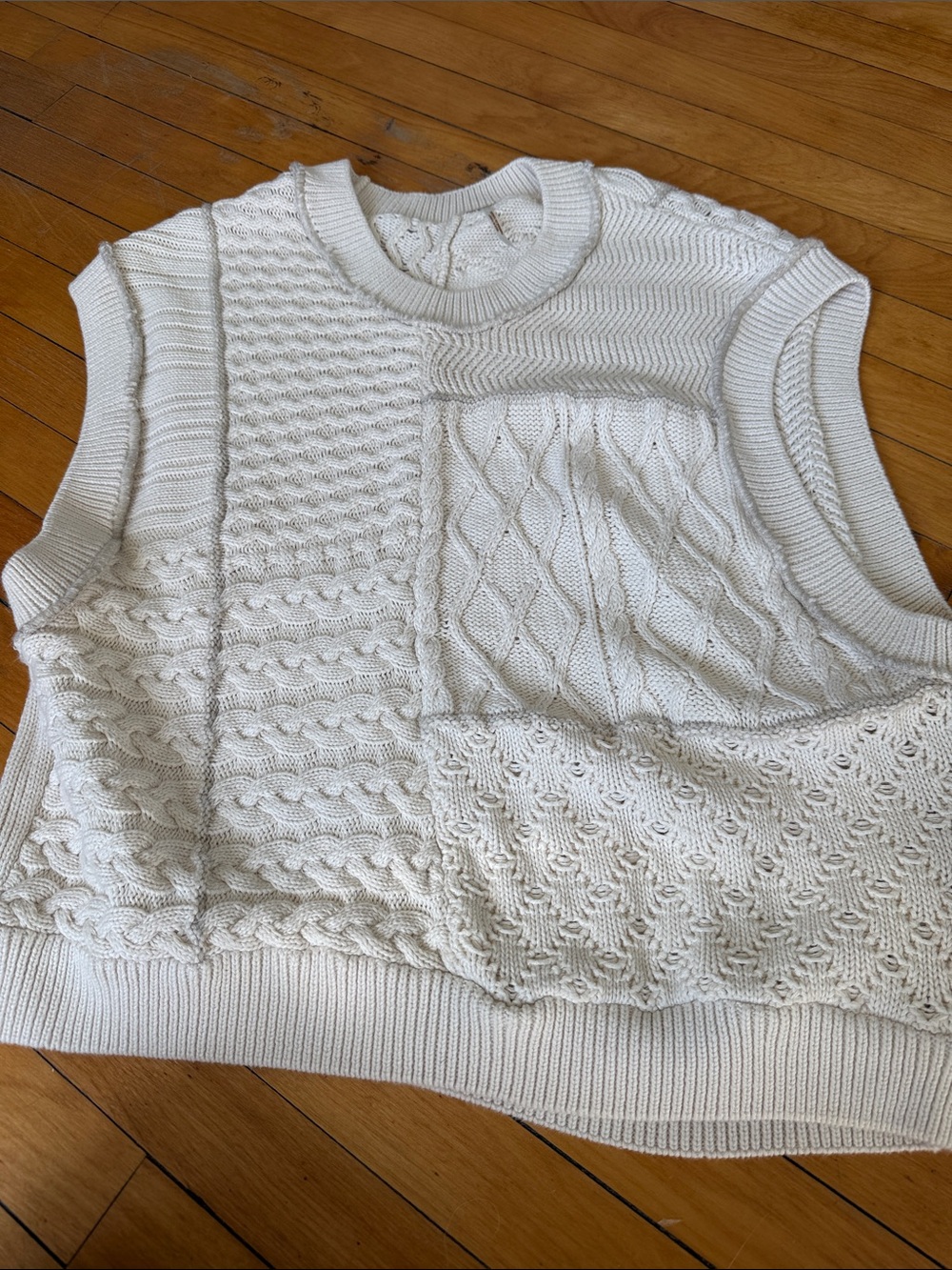Free People Ivory Patchwork Cable-Knit Sweater Vest